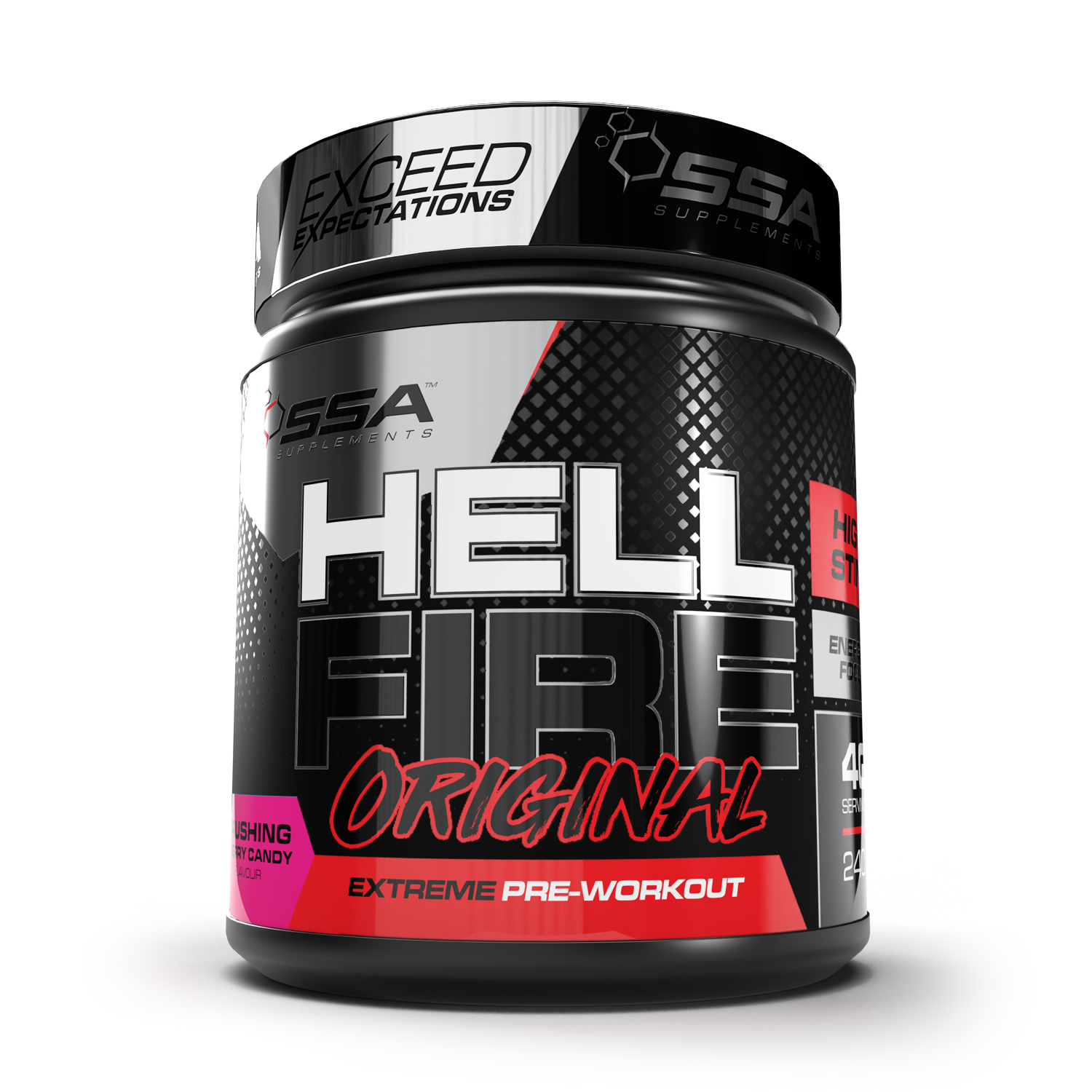 A container of SSA Hellfire Original, a high stimulant pre-workout supplement with a black and red label.